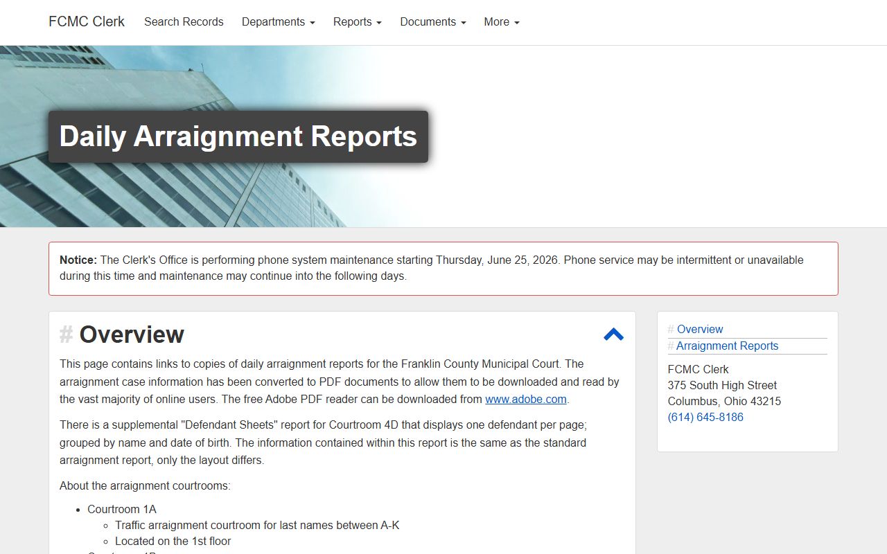 Franklin County daily arraignment report for jail arrest court records