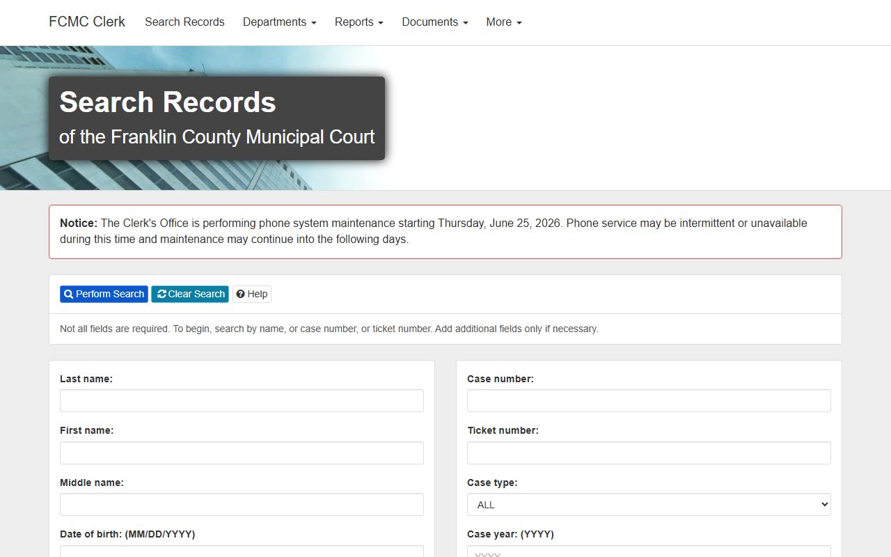 Franklin County court records after arrest Municipal Court search form