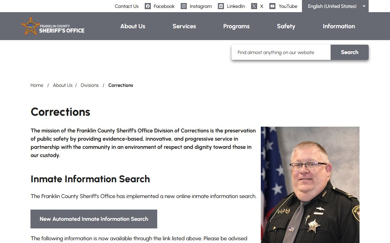 Franklin County inmate population Corrections Division jail facility information
