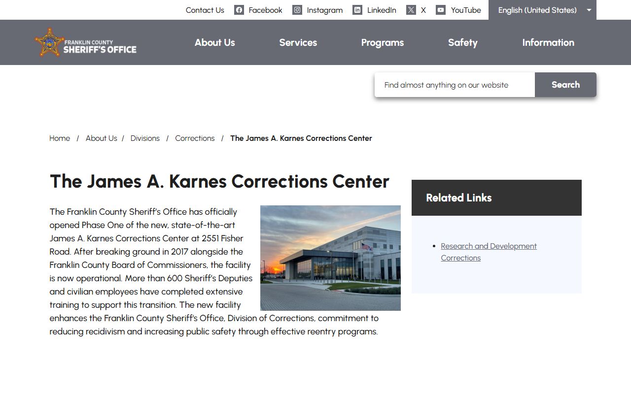 Franklin County Sheriff's James A. Karnes Corrections Center page